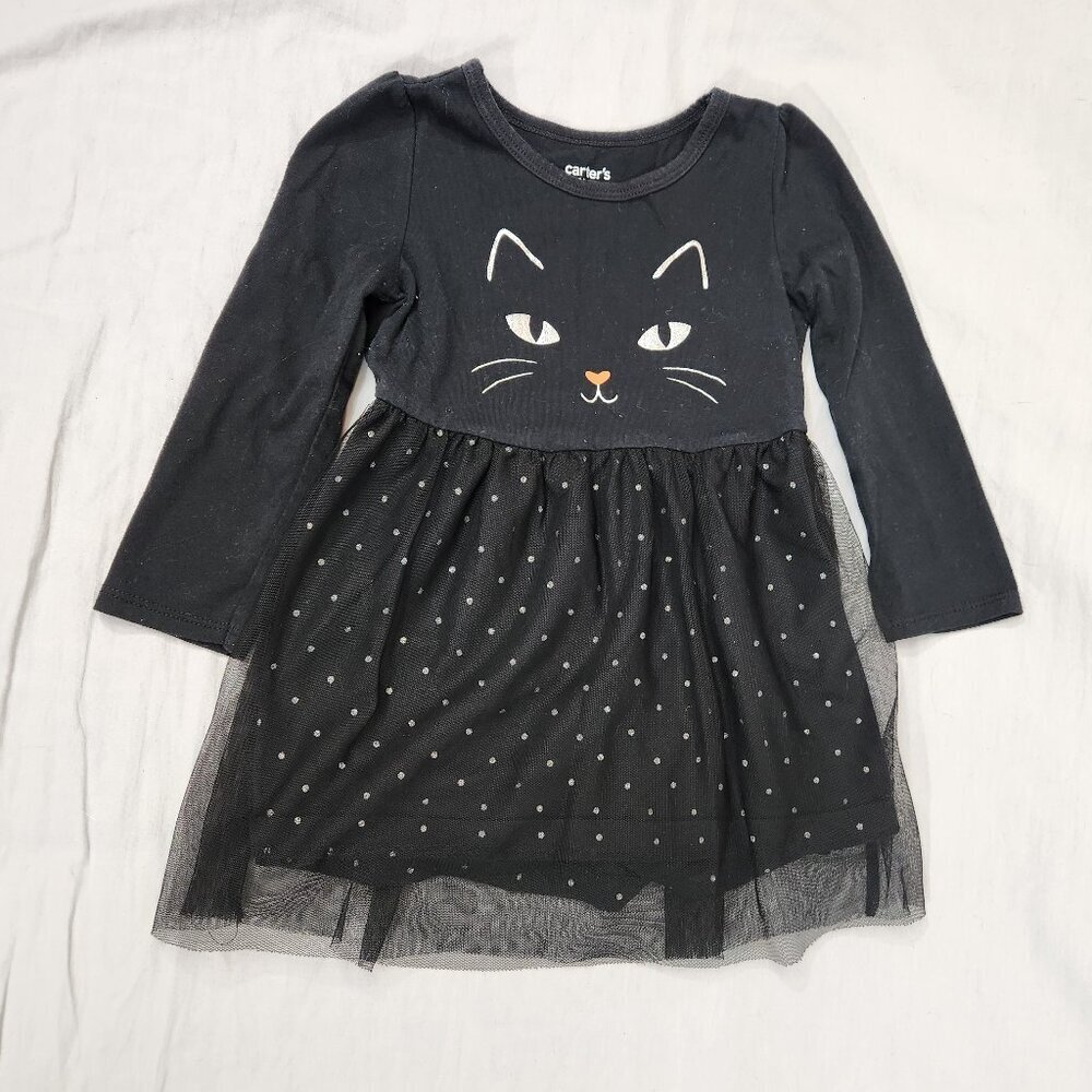 Carter’s Long Sleeve Black Cat Dress 2T Halloween Tulle Overlaying Sparkles